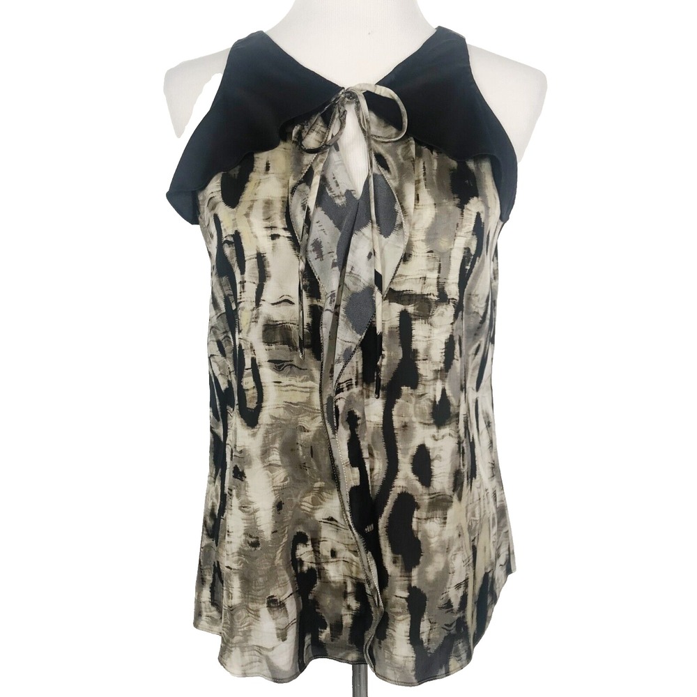 Elie Tahari Top Womens Medium Black Beige Geometric Silk Abstract Whimsigoth